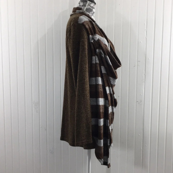 A'reve Brown Gray Striped Knit Sweater Top Womens Large Acrylic Cowl Neck - Picture 2 of 12